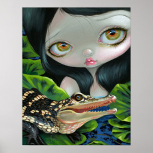 Zeemeermin met een Baby Alligator ART PRINT big ey