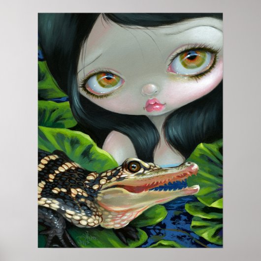 Zeemeermin met een Baby Alligator ART PRINT big ey (Voorkant)