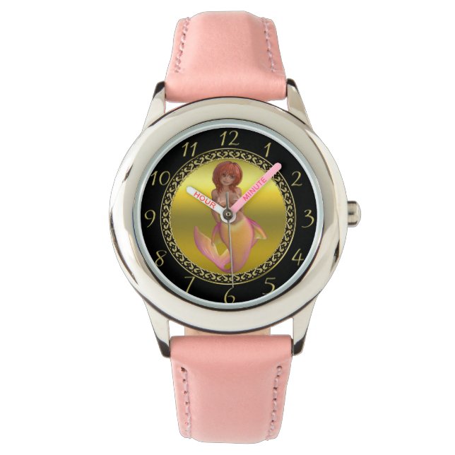 Zeemeermin met een gele en roze staart horloge (Voorkant)