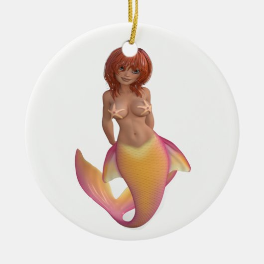 Zeemeermin met een gele en roze staart keramisch ornament (Voorkant)