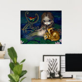 Zeemeermin met een Golden Dragon Art Print fantasy (Thuiskantoor)