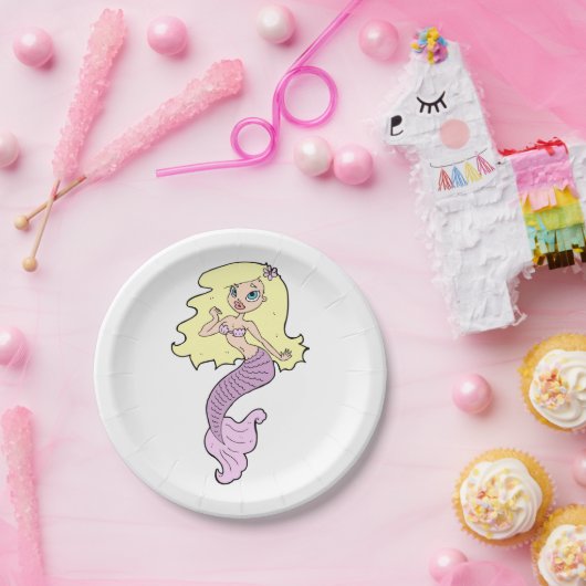 Zeemeermin met geel haar papieren bordje (Feest)