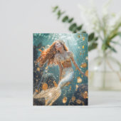Zeemeermin met gouden staart en munten in zonlicht feestdagenkaart (Staand voorkant)