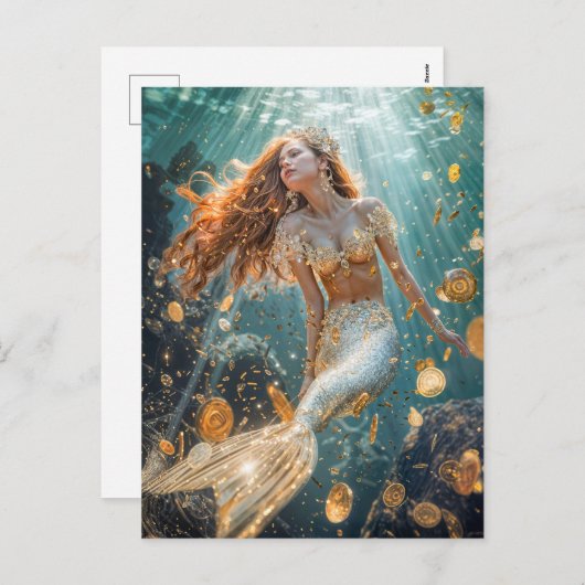Zeemeermin met gouden staart en munten in zonlicht feestdagenkaart (Voorkant / Achterkant)