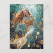 Zeemeermin met gouden staart en munten in zonlicht feestdagenkaart (Voorkant)