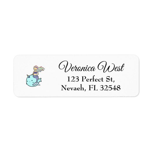 Zeemeermin met Rainbow Hair Riding Pet Narwal Etiket (Voorkant)