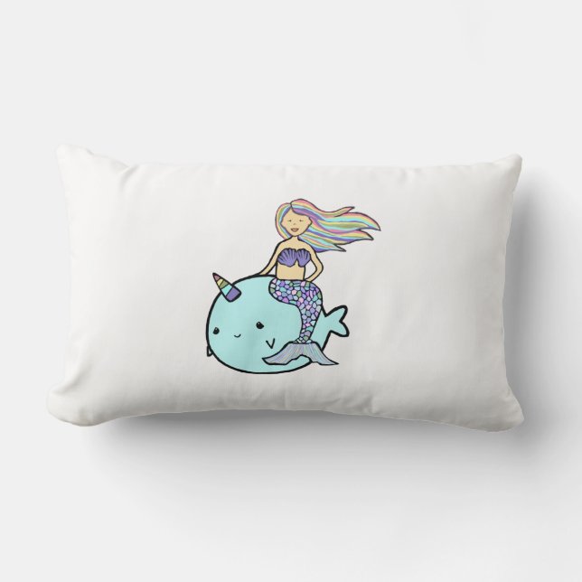 Zeemeermin met Rainbow Hair Riding Pet Narwal Kussen (Voorkant)