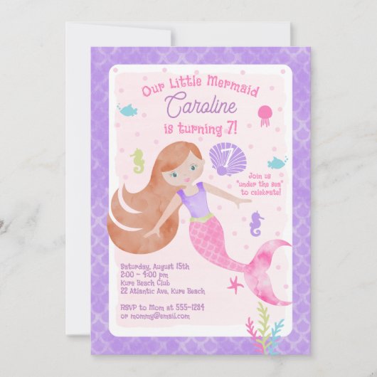 Zeemeermin met Red Hair Pink en Paarse verjaardag Kaart (Voorkant)