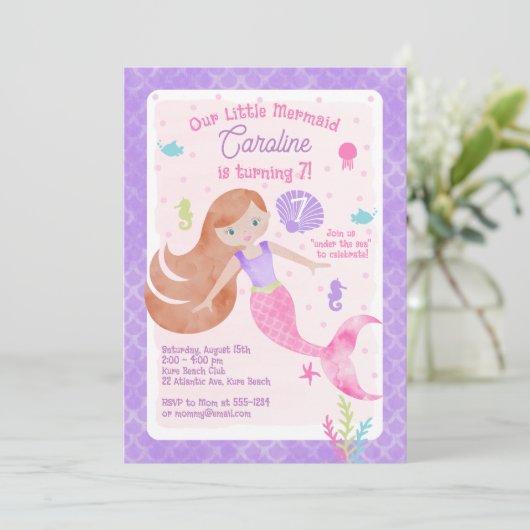 Zeemeermin met Red Hair Pink en Paarse verjaardag Kaart (Staand voorkant)