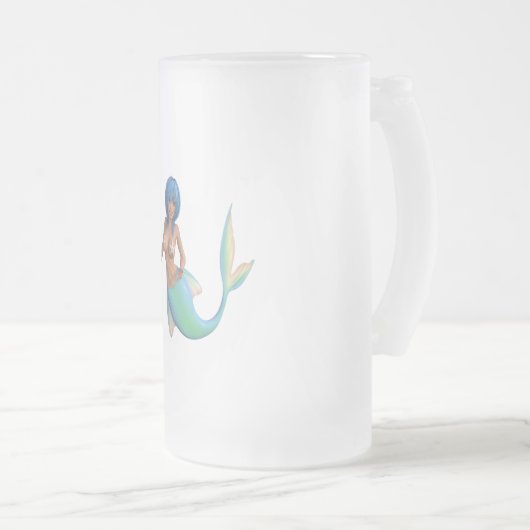 Zeemeermin met turkooishaar en staart matglas bierpul (Voorkant rechts)