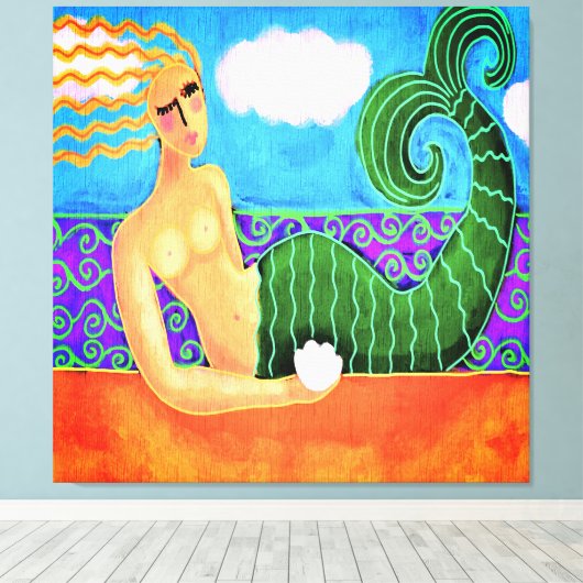 Zeemeermin met Zee Shell Abstract Digitaal Schilde Canvas Afdruk (Insitu (Houten vloer))