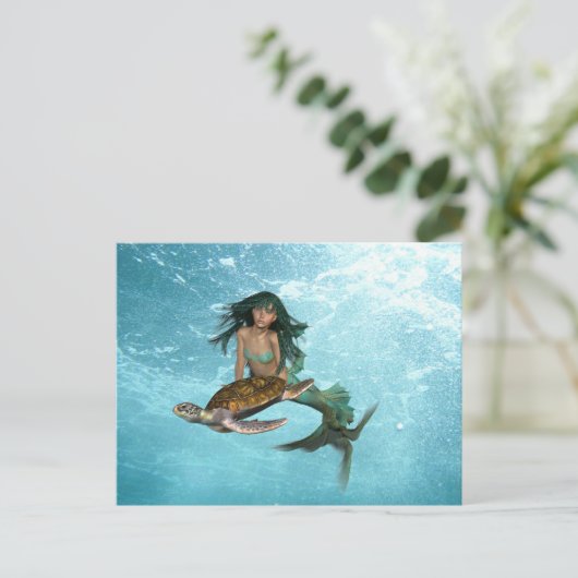 Zeemeermin met Zee Turtle Briefkaart (Staand voorkant)