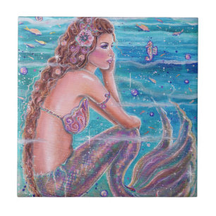 Zeemeermin met zeepaarden kunst door Renee Lavoie Tegeltje