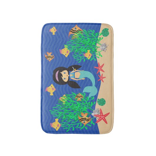 Zeemeermin met zwarte haar onder het Zee Badmat (Voorkant Verticaal)