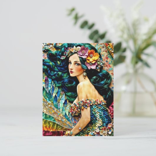 Zeemeermin mixed media Collage Briefkaart (Staand voorkant)