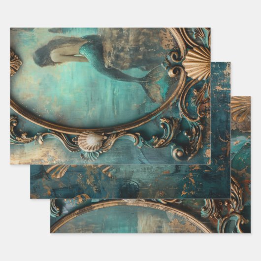 Zeemeermin Nautilus Zware Decoupage Triptiek Inpakpapier Vel (Set)