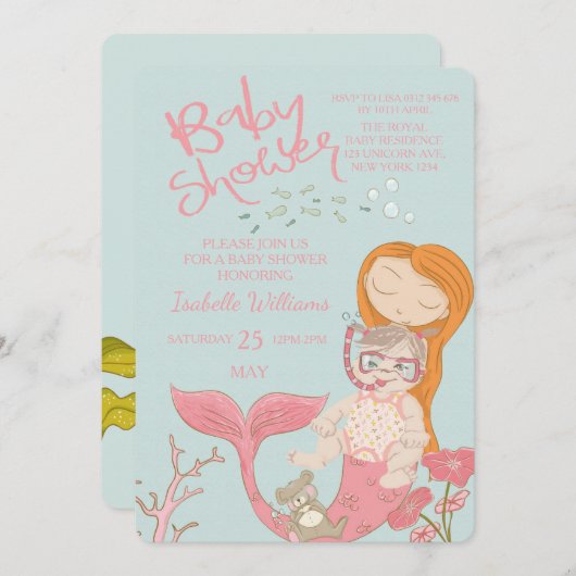 Zeemeermin Ocean Girl Roze Baby shower Uitnodiging (Voorkant / Achterkant)