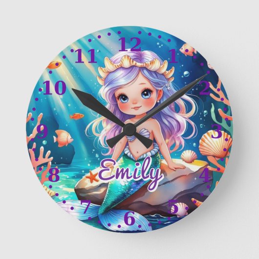 Zeemeermin Ocean Wall Clock – Bewerkbare naam Ronde Klok (Voorkant)