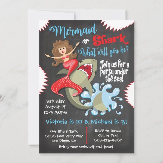 Zeemeermin of haai Verjaardag Pool Party Uitnodigi Kaart (Voorkant)
