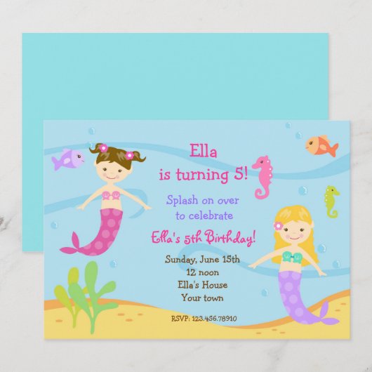 Zeemeermin onder de uitnodiging van de Birthday-ze (Voorkant / Achterkant)