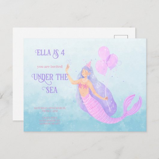Zeemeermin onder de zee verjaardags uitnodiging bl (Voorkant / Achterkant)