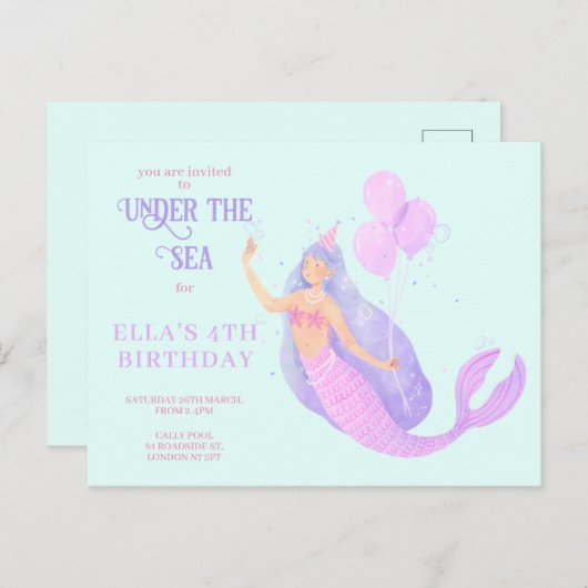 Zeemeermin onder de zee verjaardags uitnodiging bl (Voorkant / Achterkant)