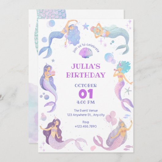 Zeemeermin onder de zee verjaardagsfeestuitnodigin kaart (Voorkant / Achterkant)
