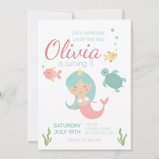 Zeemeermin onder de zee verjaardagsfeestuitnodigin kaart (Voorkant)