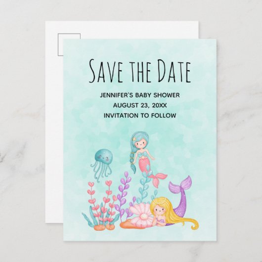 Zeemeermin Onder de Zee Waterverf Save the Date Uitnodiging Briefkaart (Voorkant / Achterkant)