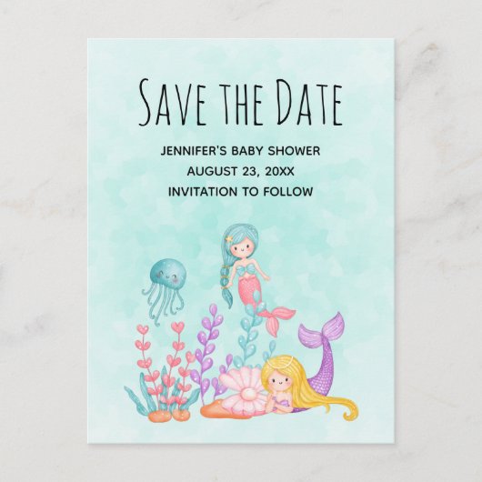 Zeemeermin Onder de Zee Waterverf Save the Date Uitnodiging Briefkaart (Voorkant)