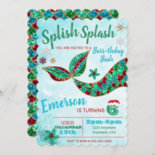 Zeemeermin onder de zee, winter, Kerst uitnodiging (Voorkant / Achterkant)