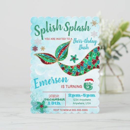 Zeemeermin onder de zee, winter, Kerst uitnodiging (Staand voorkant)