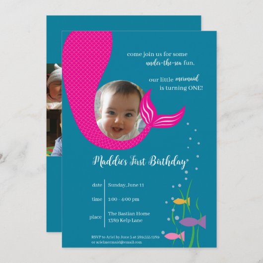 Zeemeermin onder het Zee 1e verjaardagsfeestje Uit Kaart (Voorkant / Achterkant)