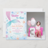 Zeemeermin onder het Zee 3th Birthday Party Foto Kaart (Voorkant)