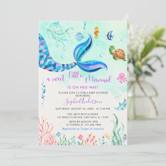 Zeemeermin onder het Zee Baby Girl Baby shower Kaart (Staand voorkant)