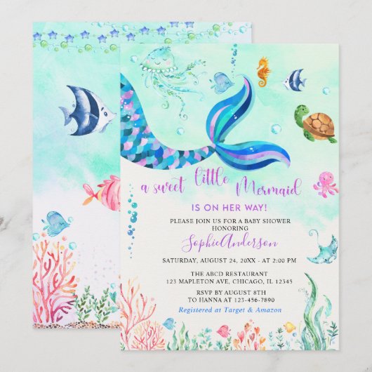 Zeemeermin onder het Zee Baby Girl Baby shower Kaart (Voorkant / Achterkant)