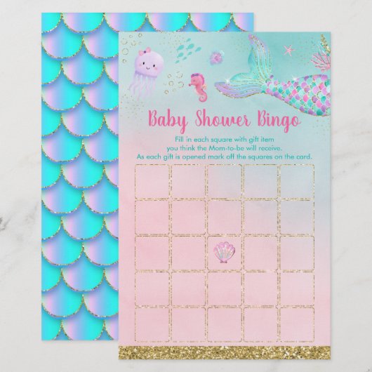 Zeemeermin onder het Zee Baby shower Bingo (Voorkant / Achterkant)