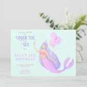 Zeemeermin onder het Zee Birthday Blue Invitation Kaart (Staand voorkant)
