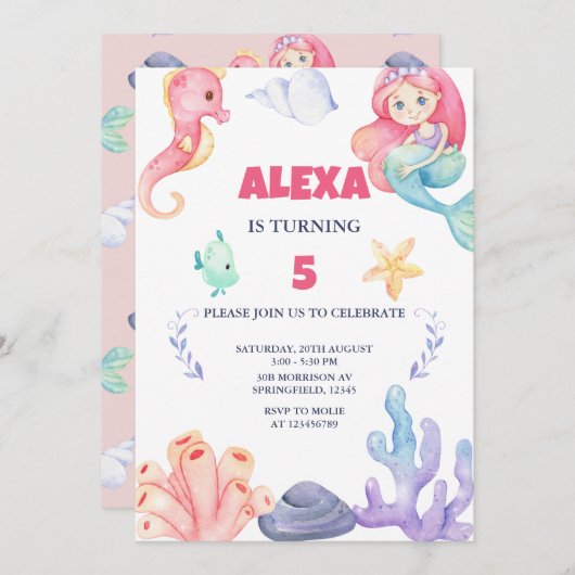 Zeemeermin onder het Zee Birthday Kaart (Voorkant / Achterkant)