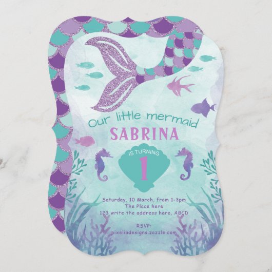 Zeemeermin, onder het Zee, Glitter, Tail, meisje Kaart (Voorkant / Achterkant)