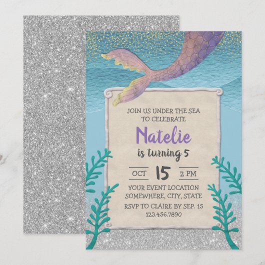Zeemeermin onder het Zee Meisje 5e verjaardag Kaart (Voorkant / Achterkant)
