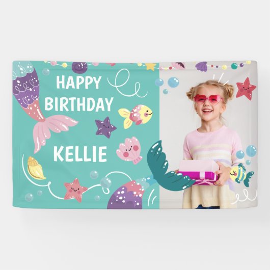Zeemeermin onder het Zee Meisje Verjaardagsfoto Ac Spandoek (Horizontaal)