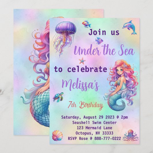 Zeemeermin onder het Zee Pastel Verjaardagsfeest Kaart (Voorkant / Achterkant)