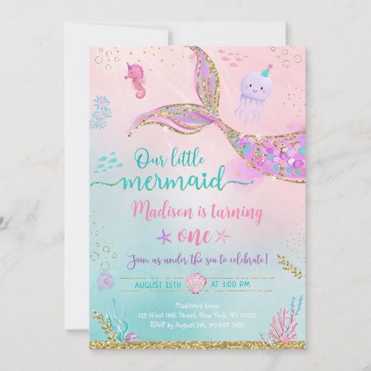 Zeemeermin onder het Zee Roze Paarse Verjaardag Kaart (Voorkant)