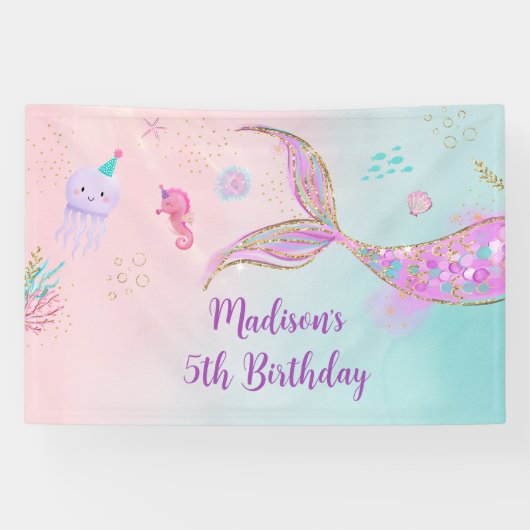 Zeemeermin onder het Zee Roze Paarse verjaardag Spandoek (Horizontaal)
