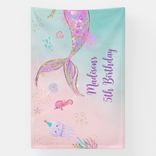 Zeemeermin onder het Zee Roze Paarse verjaardag Spandoek (Verticaal)