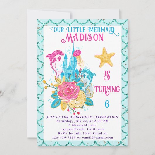 Zeemeermin onder het Zee Turquoise Glitter Verjaar Kaart (Voorkant)