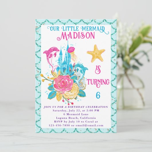 Zeemeermin onder het Zee Turquoise Glitter Verjaar Kaart (Staand voorkant)