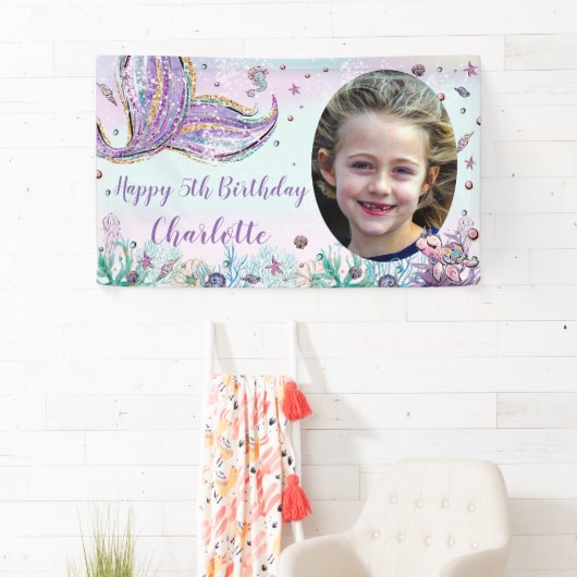 Zeemeermin Onder Het Zee Verjaardag Foto Achtergro Spandoek (Insitu)