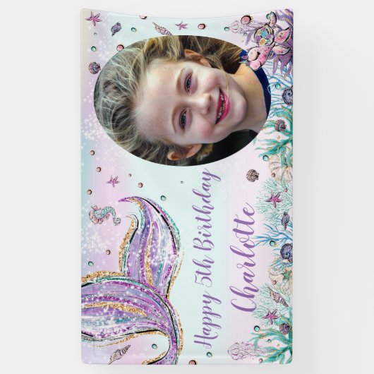 Zeemeermin Onder Het Zee Verjaardag Foto Achtergro Spandoek (Verticaal)